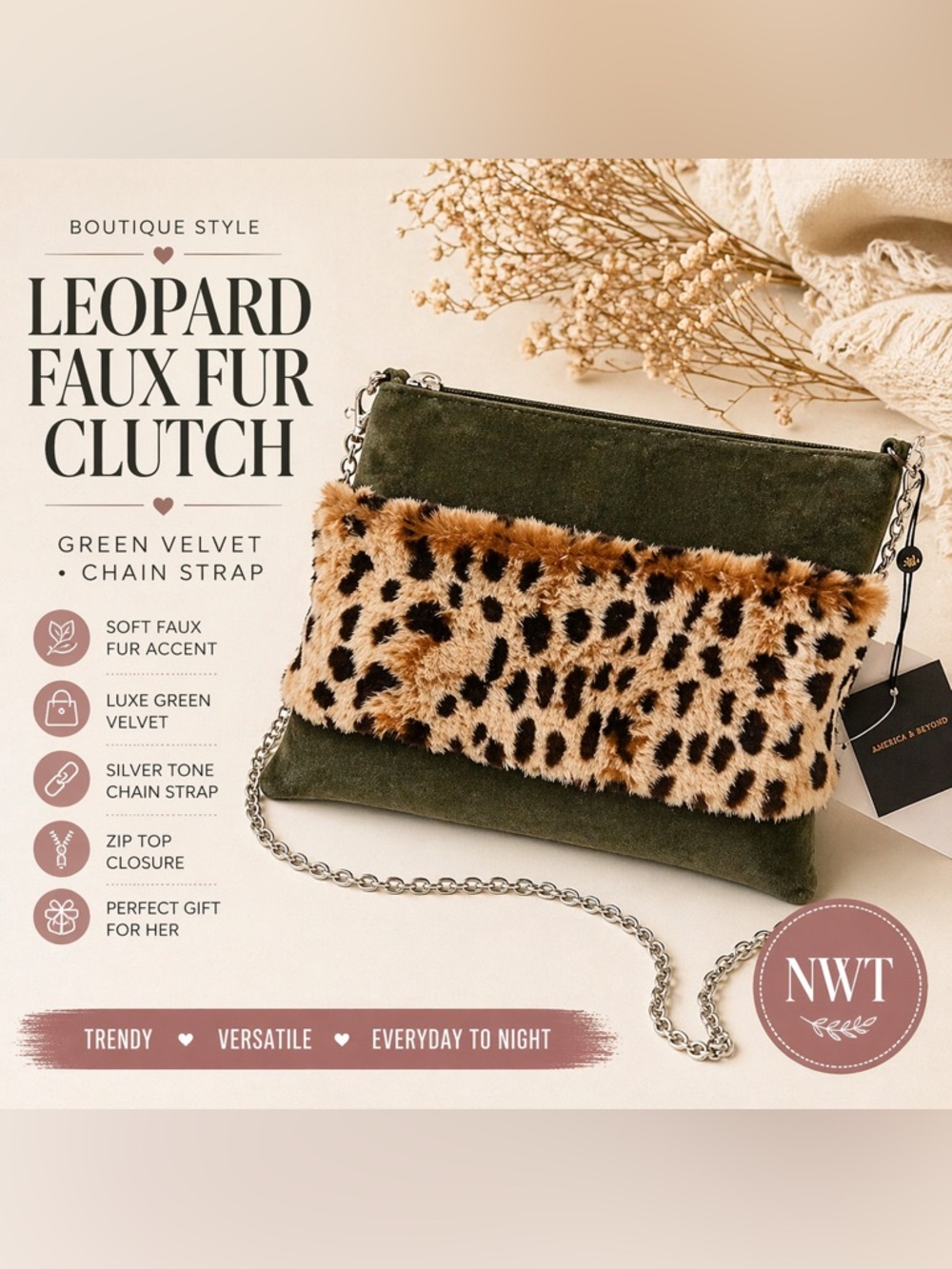 Leopard Faux Fur Clutch Crossbody Green Velvet Chain Strap NWT Boutique Bag
